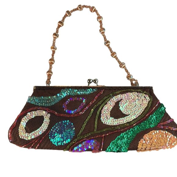 Vintage Clutch Evening Purse Brown Sequins Beaded Handle u Bohemian Style Kiss L - Picture 1 of 3